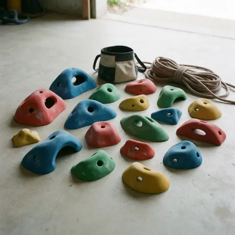A collection of colorful climbing holds scattered on a concrete floor, accompanied by a climbing rope and a chalk bag, ready for indoor training.