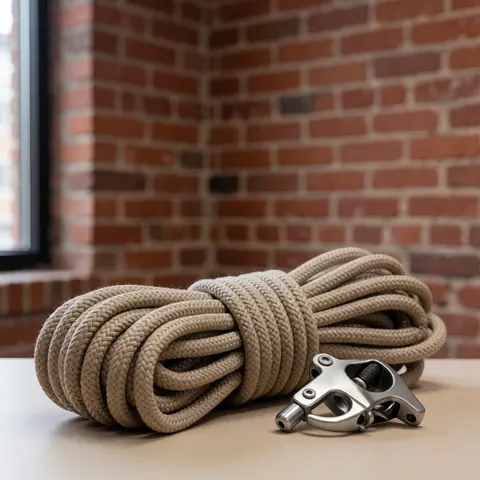 Beige climbing rope and metal locking device on a wooden table with a blurred red brick wall background
