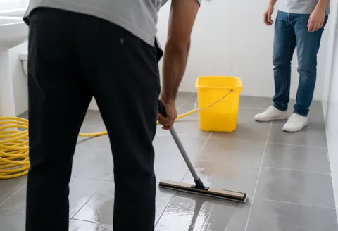Professional worker cleaning gray tiled bathroom floor with a squeegee, yellow bucket, and hose.