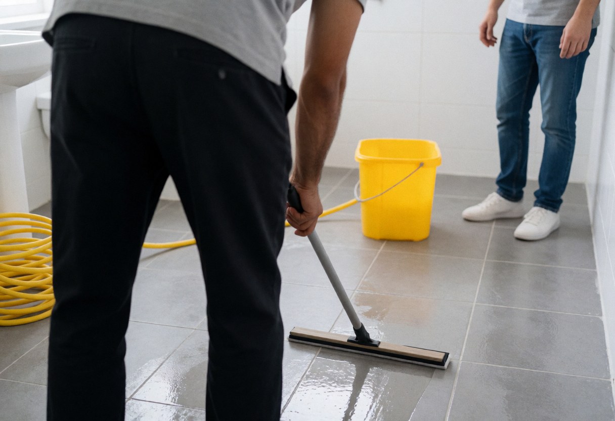Professional worker cleaning gray tiled bathroom floor with a squeegee, yellow bucket, and hose.