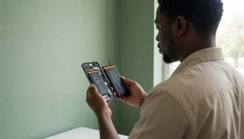Close-up of technician hands installing a new battery into an open smartphone with a green wall background and natural light