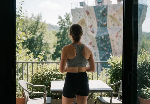 Person in sportswear stands on a terrace with table and chairs, gazing at a climbing wall surrounded by vegetation and bright sunlight.