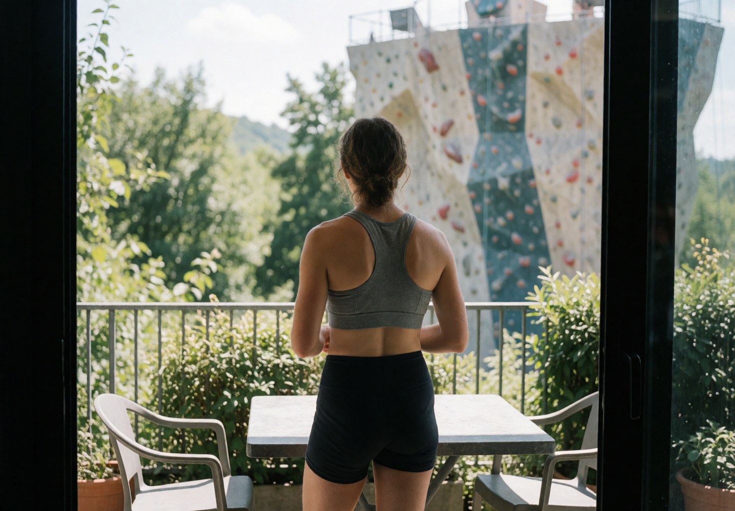 Person in sportswear stands on a terrace with table and chairs, gazing at a climbing wall surrounded by vegetation and bright sunlight.