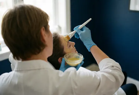 A dermatologist wearing blue gloves uses a brush to apply a yellow facial mask to a client's forehead in a clinic with a dark blue wall.