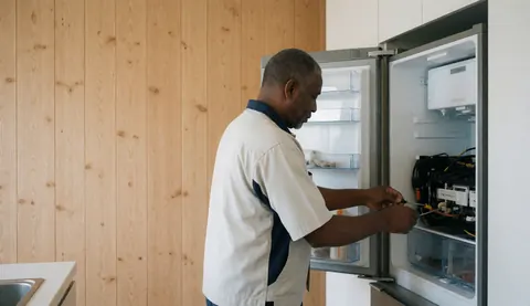 Technician repairing an open refrigerator in a modern kitchen with light wood walls using tools