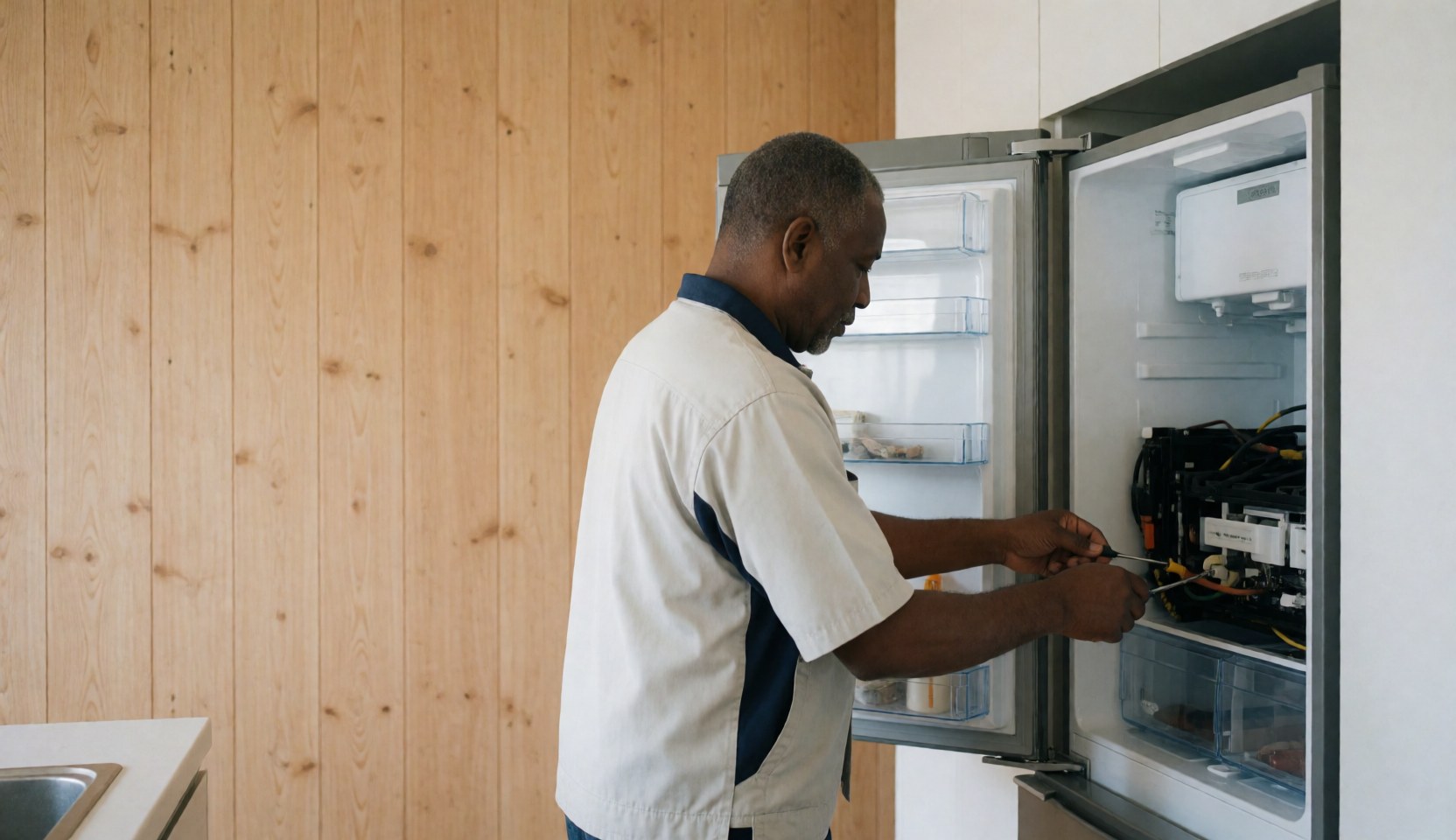 Technician repairing an open refrigerator in a modern kitchen with light wood walls using tools