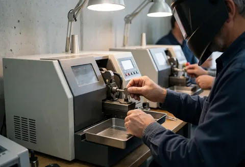 Technician operating a key duplication machine in a copy shop with safety gear visible
