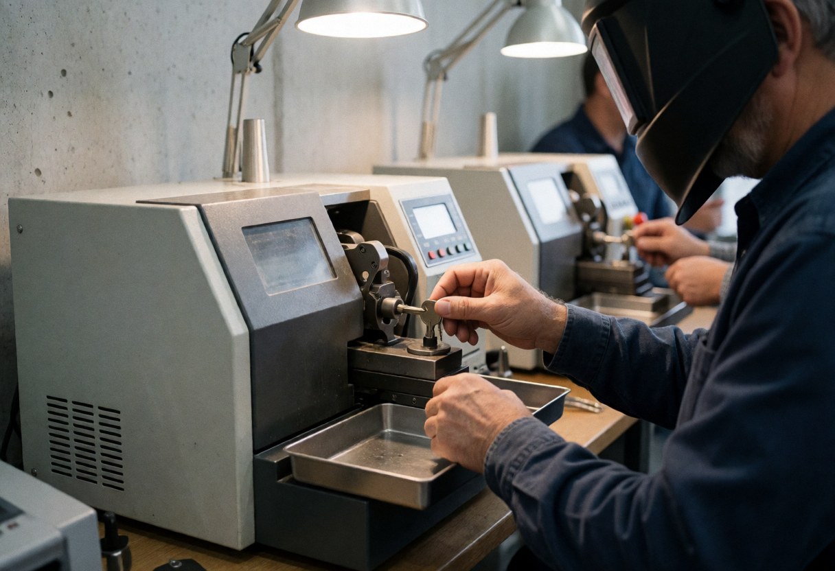 Technician operating a key duplication machine in a copy shop with safety gear visible