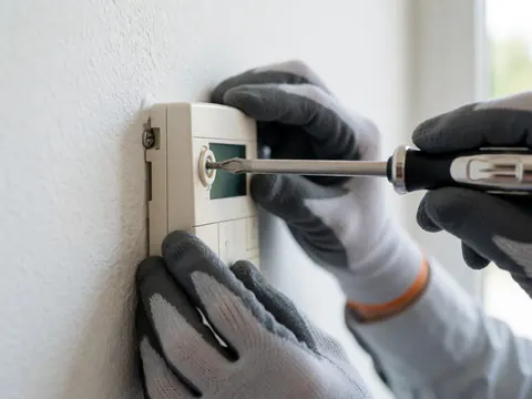 Close-up of gloved hands using a screwdriver to adjust a beige alarm panel mounted on a white wall, focusing on the tool and panel details.