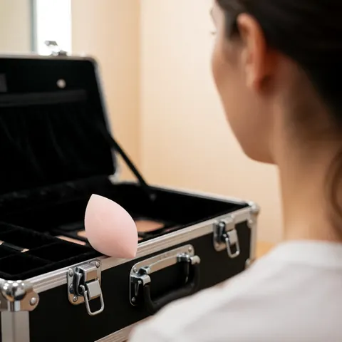 Pink makeup sponge resting on an open makeup case with black lining, viewed from behind in a beige-walled dressing room.