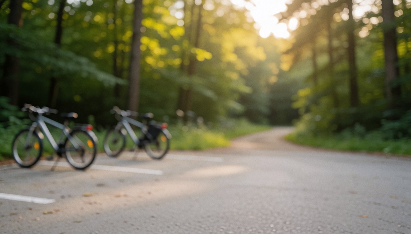 Two mountain bikes parked beside a wooded trail with warm sunset light and blurred green trees in the background