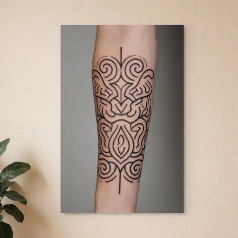 Symmetrical black line geometric tattoo on a forearm against a neutral gray background, suitable for professional portfolio use