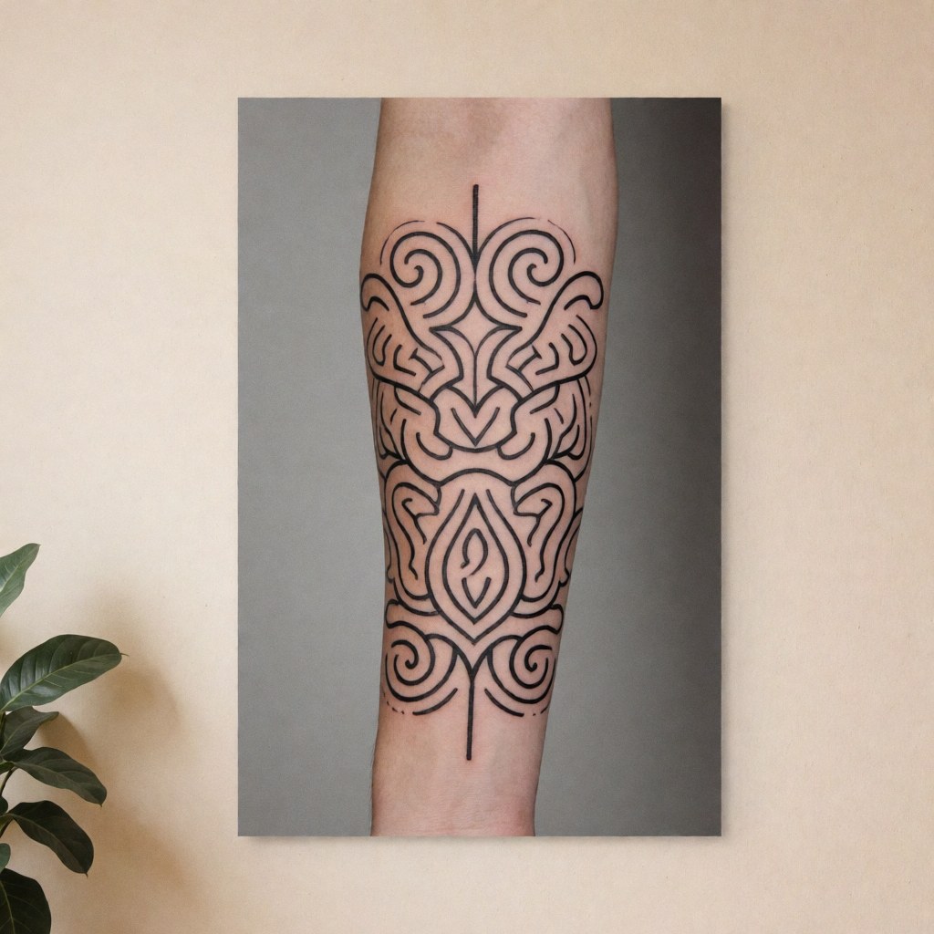 Symmetrical black line geometric tattoo on a forearm against a neutral gray background, suitable for professional portfolio use