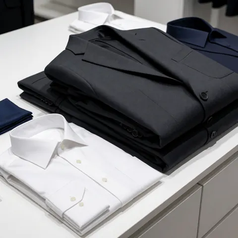 Neatly folded gray suits and white shirts stacked on a white surface with professional lighting for business use