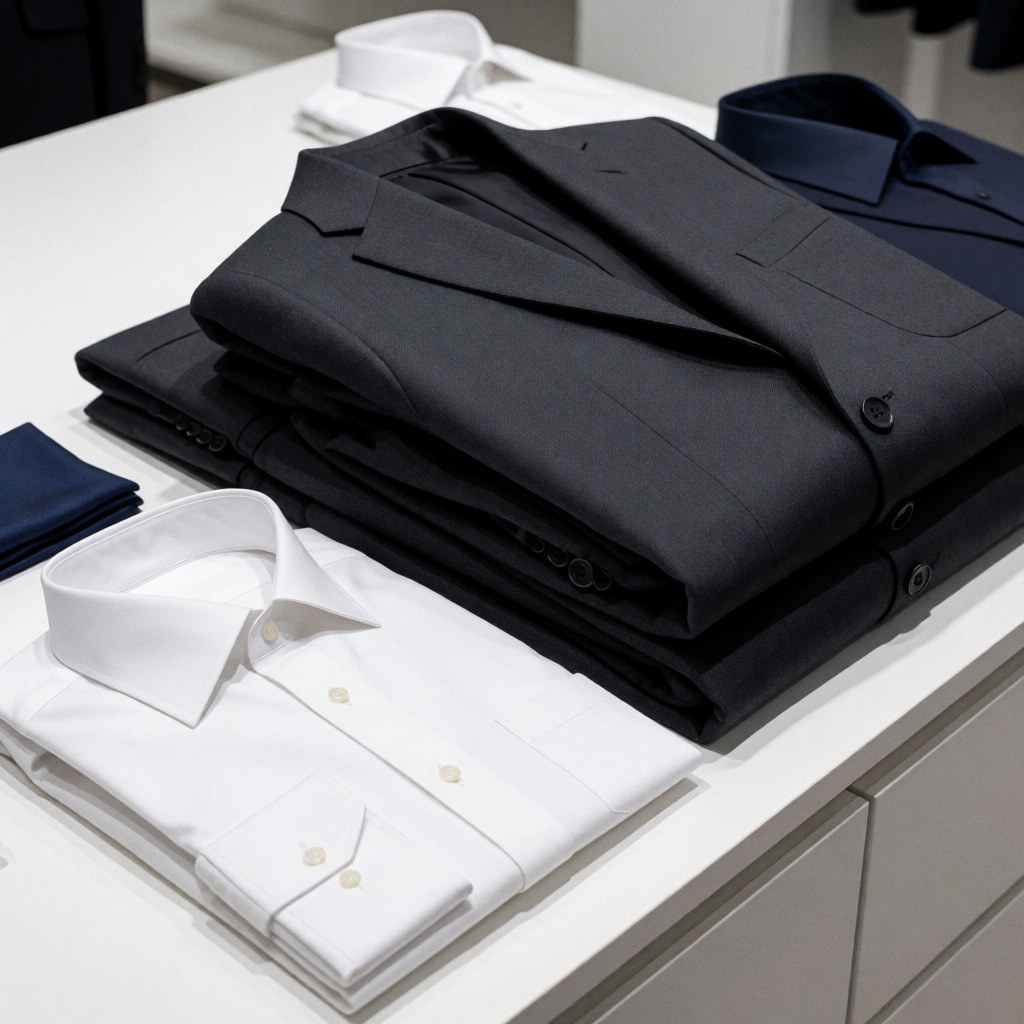Neatly folded gray suits and white shirts stacked on a white surface with professional lighting for business use