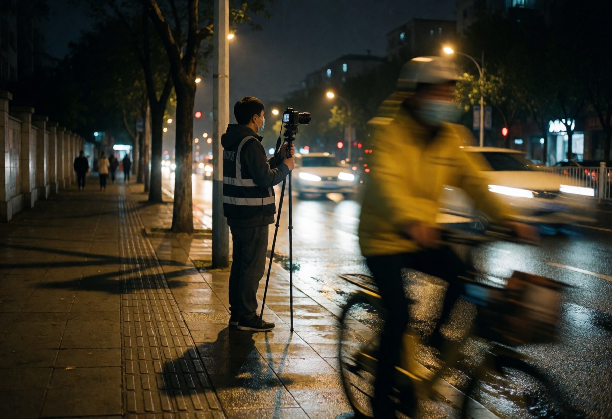 Kinetic photographer in action with a camera mounted on a tripod on a wet street at night, featuring a blurred cyclist in the foreground and light reflections.