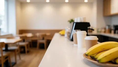 Fresh bananas and coffee cups on a counter with a blurred background of tables and chairs in a warm setting.