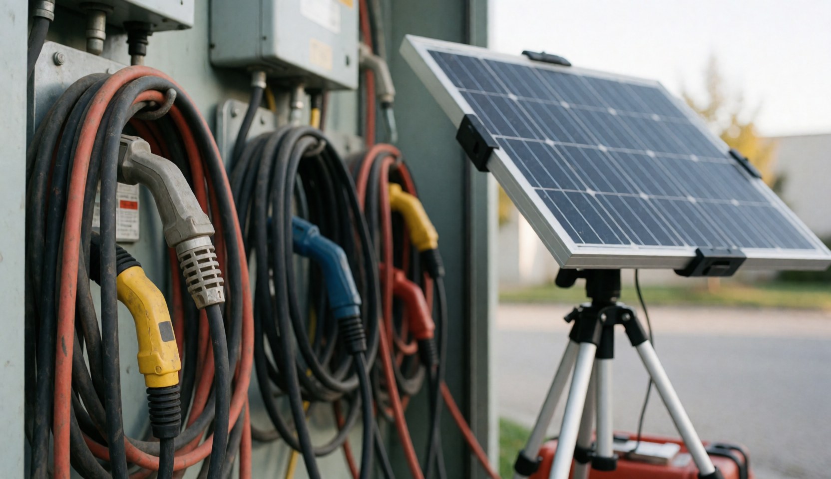 Solar panel mounted on a tripod next to a wall with electrical cables and outlets, suitable for rv repair services