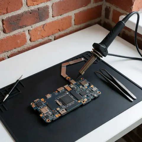 Cell phone motherboard with newly installed Wi-Fi chip, soldering iron, and tweezers on a black surface with a red brick wall background