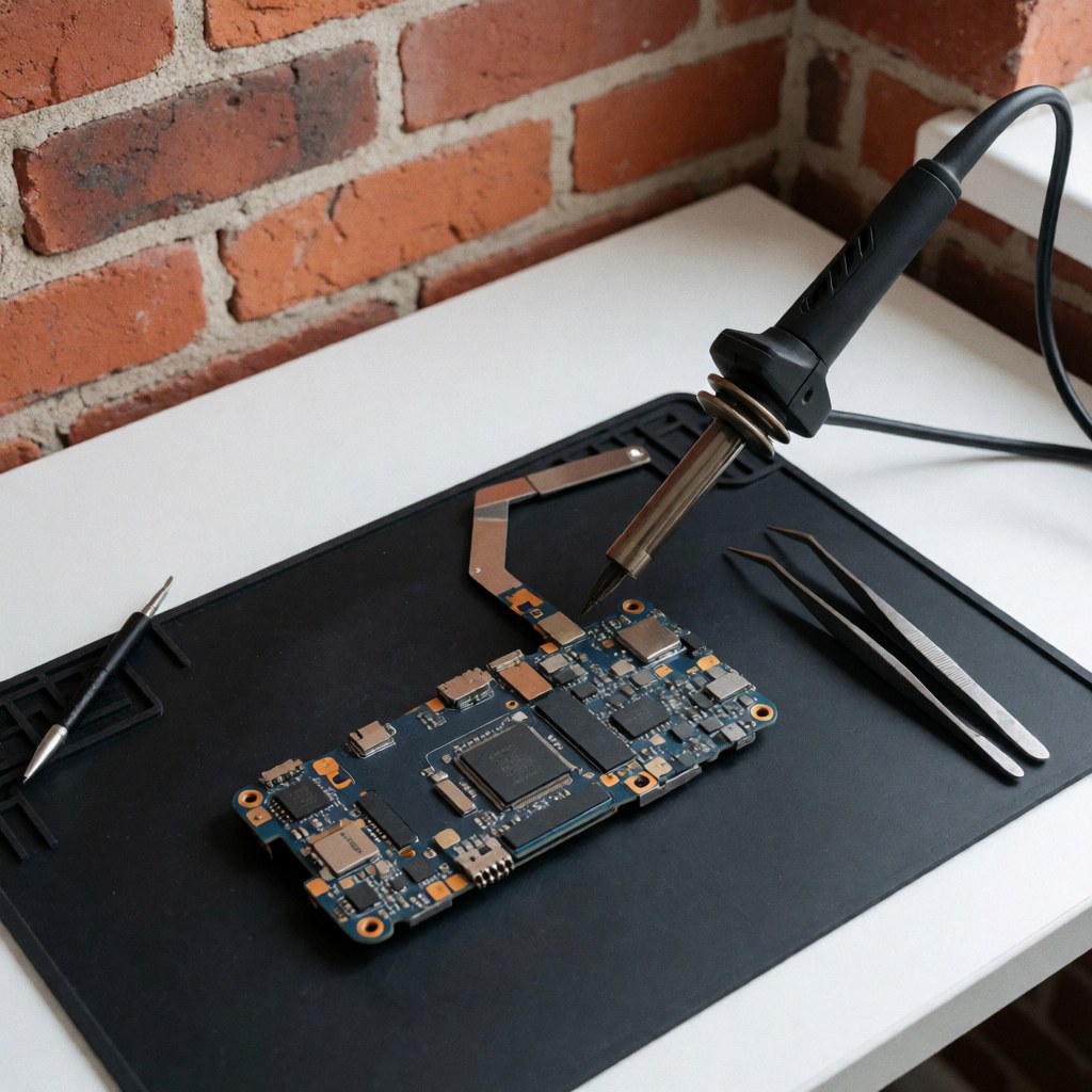 Cell phone motherboard with newly installed Wi-Fi chip, soldering iron, and tweezers on a black surface with a red brick wall background