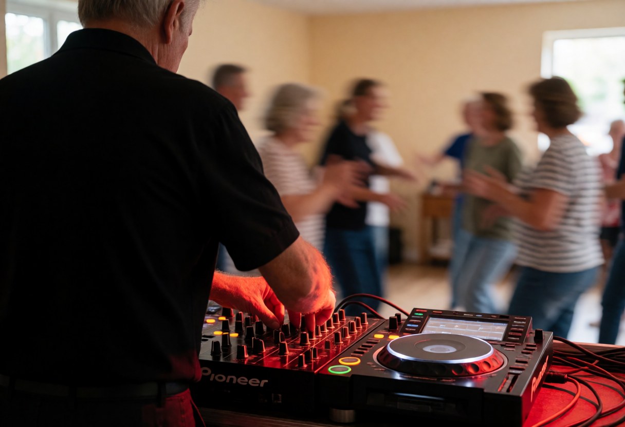 Dj adjusting mixer controls at a party with red lights: service photo for party djs websites
