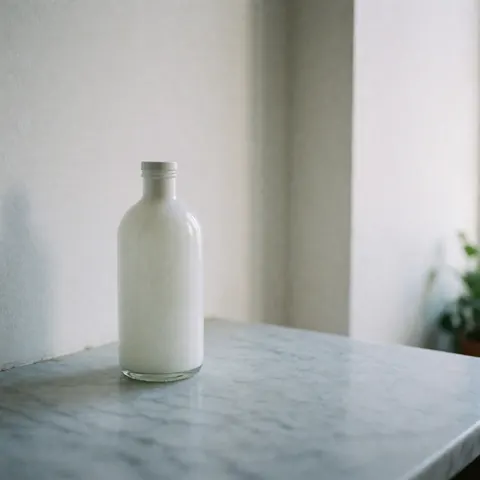 White glass jar with lid on light gray marble table, white wall, soft natural light, no people, ideal for skincare products