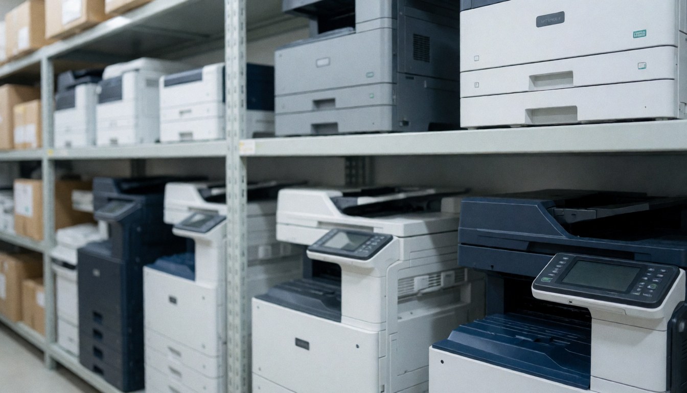 Metal shelves holding office printers in a warehouse with functional lighting and industrial texture for business text backgrounds