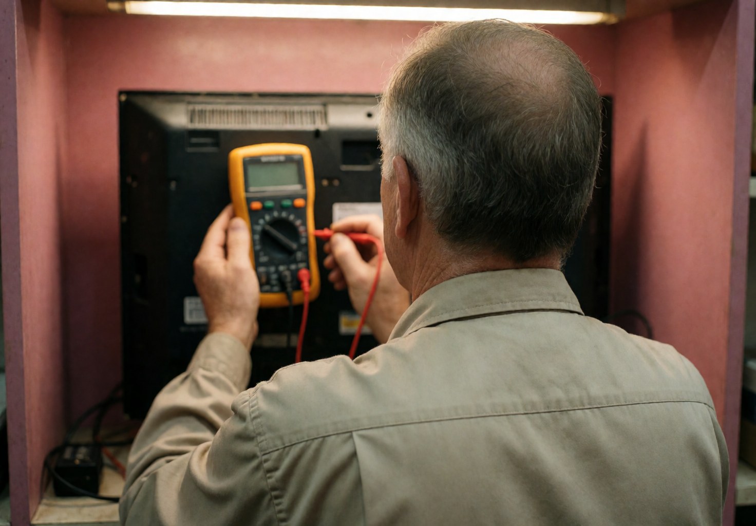 Tv repair technician measuring voltage with a multimeter in a workshop with pink walls and professional equipment visible