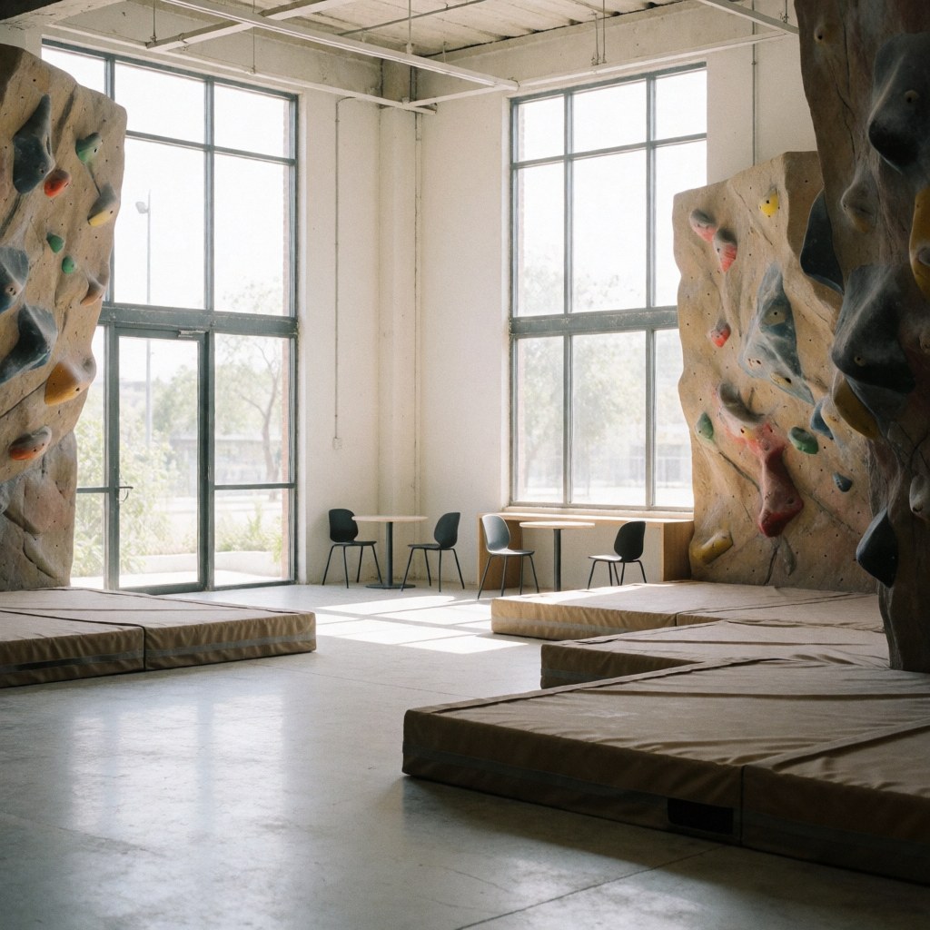 Empty indoor climbing gym featuring textured rock walls, safety mats, and large windows letting in natural light for a clean modern training environment