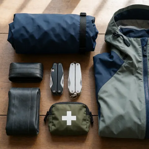 Touring cycling equipment including jacket, tube, tools, and first aid kit arranged on a wooden surface.