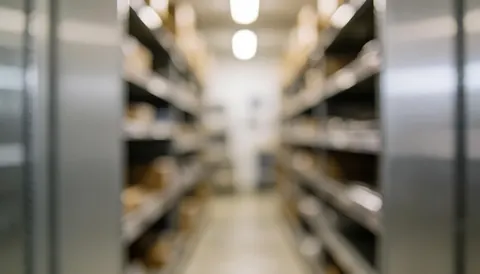 Blurred view of metal warehouse shelving units with overhead lighting, creating a neutral gray background suitable for commercial text overlays.