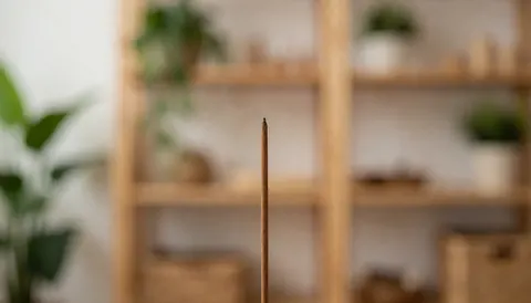 Smoldering sandalwood incense stick on a wooden stand with blurred green plants in the background, suitable for wellness text overlays.