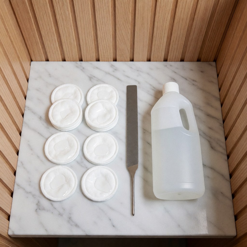 Cotton pads, nail file, and acetone arranged on a marble surface with light wood background for manicure and pedicure product display