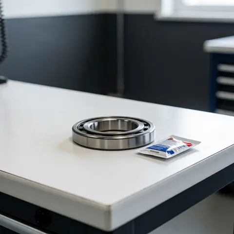 Metal washing machine bearing on a white table next to industrial grease in a workshop with gray walls