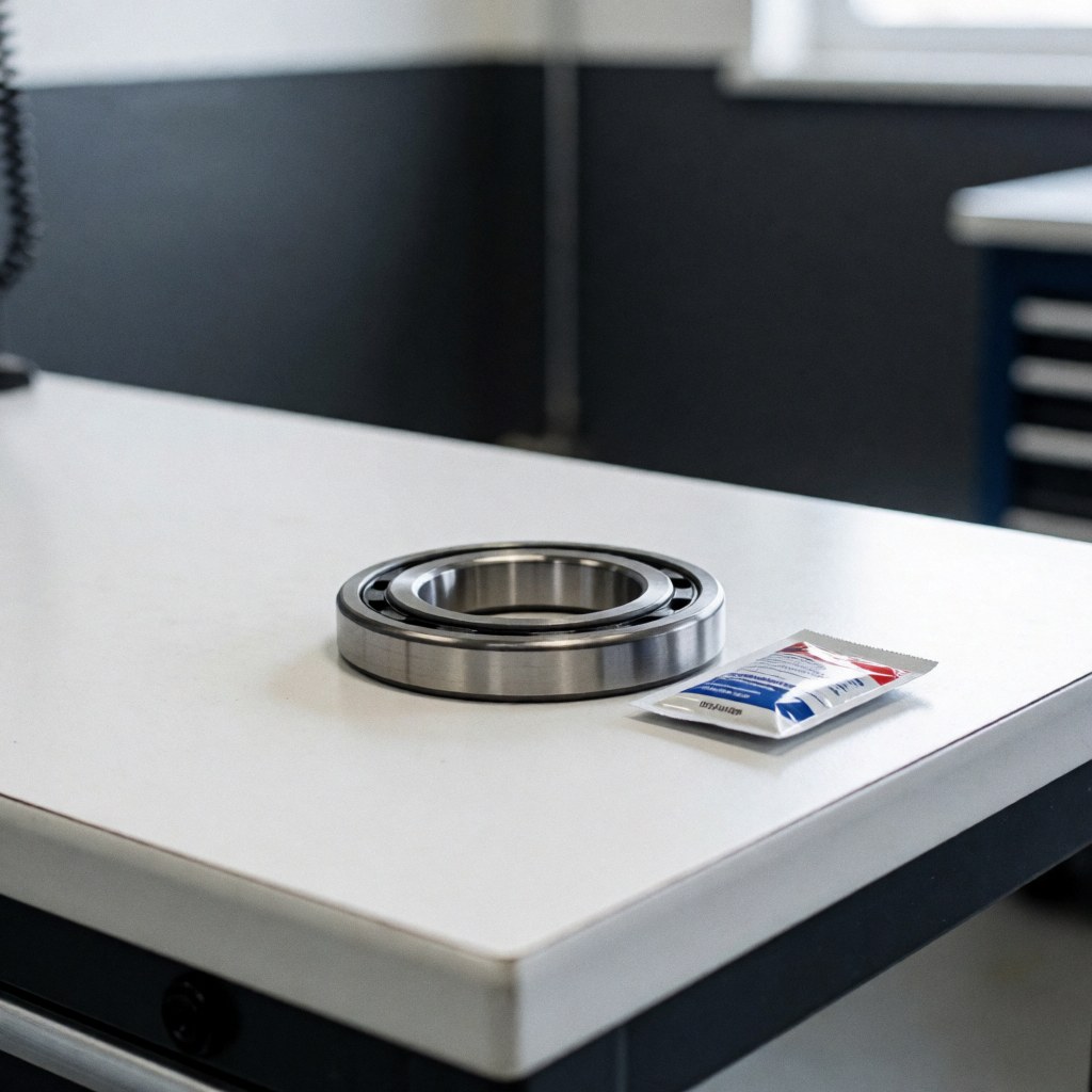 Metal washing machine bearing on a white table next to industrial grease in a workshop with gray walls