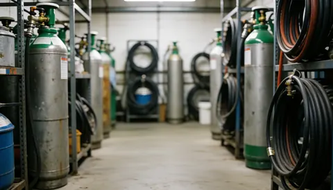 Rows of gas cylinders and coiled hoses on metal shelves in an industrial warehouse with concrete floor and uniform lighting
