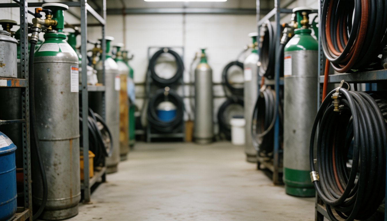 Rows of gas cylinders and coiled hoses on metal shelves in an industrial warehouse with concrete floor and uniform lighting