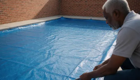A man places a blue solar cover over a swimming pool with a red brick wall in the background.