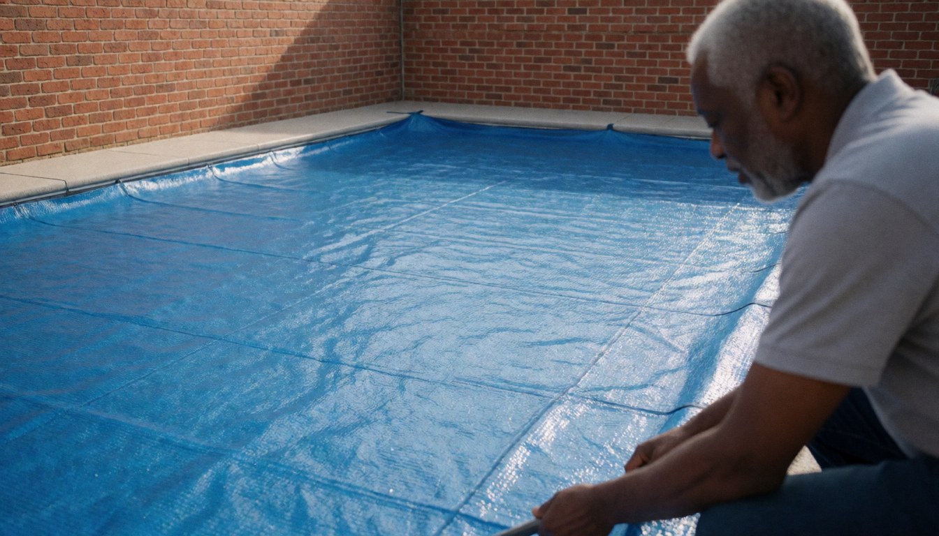 A man places a blue solar cover over a swimming pool with a red brick wall in the background.