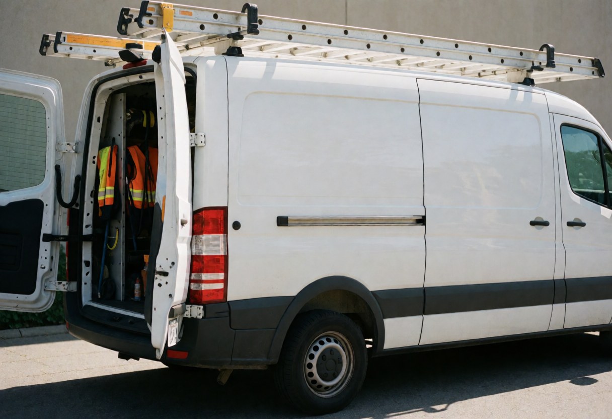 White service van with open rear doors, roof ladders, and visible safety equipment for solar repair services