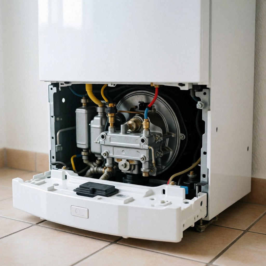 White wall-mounted gas boiler with front panel removed, revealing internal metal components, pipes, and valves on a tiled floor.
