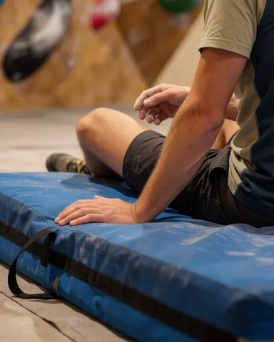 Rock climbing coach sitting on a blue crash pad, chalking hands before climbing with a wall featuring large holds in the background