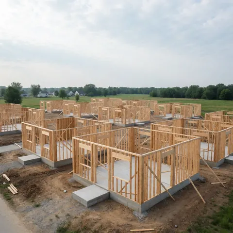 Drone shot showing multiple wooden house frames and concrete foundations on an open lot in a developing residential area.