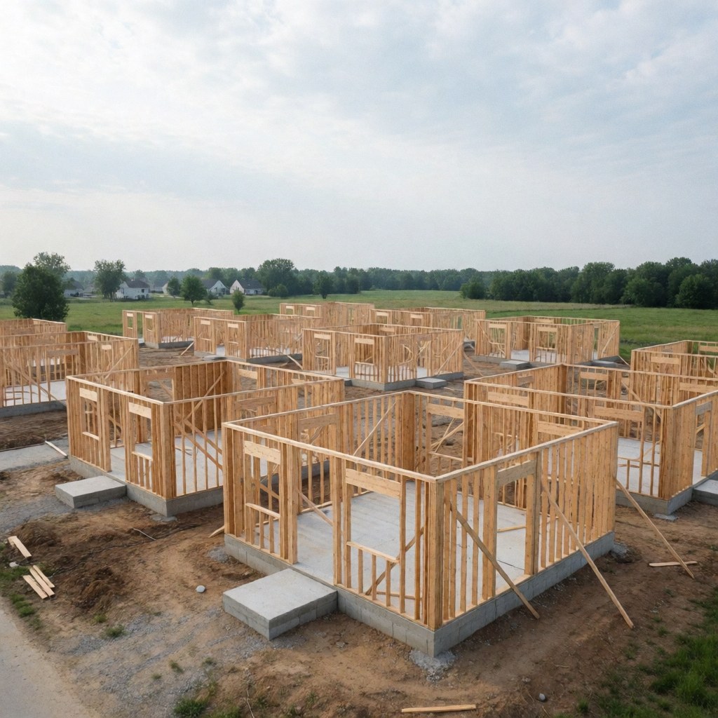 Drone shot showing multiple wooden house frames and concrete foundations on an open lot in a developing residential area.