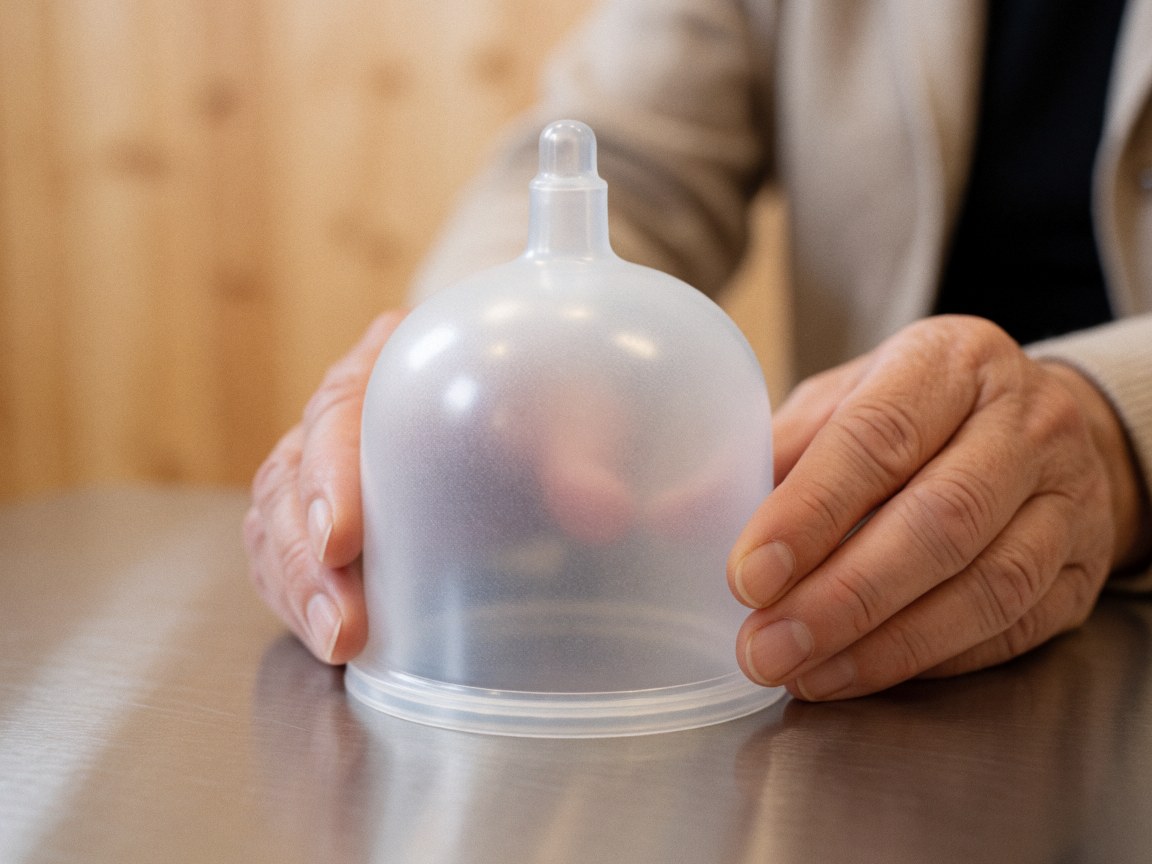 Transparent silicone cupping held in hand over stainless steel table with natural wood panel background