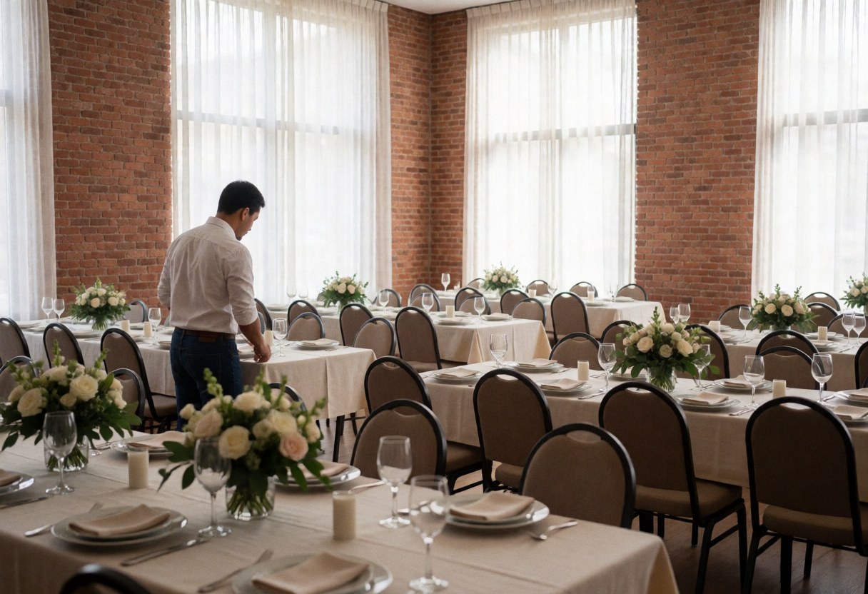 A man adjusts tableware in a banquet hall with brick walls, white tablecloths, floral centerpieces, and arranged chairs.
