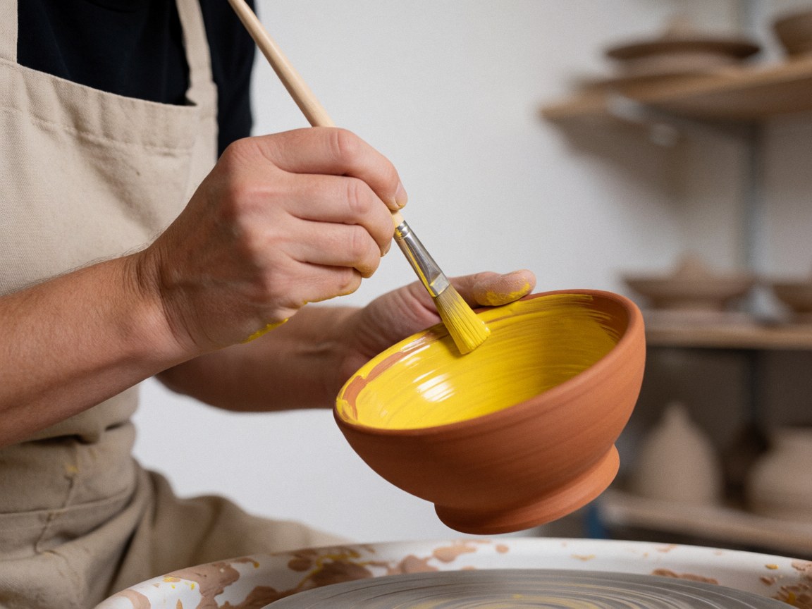 Close-up of a hand applying yellow glaze to a terracotta bowl with a blurred pottery wheel background