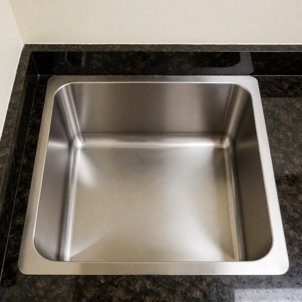 Top view of a brushed stainless steel kitchen sink installed in a dark granite countertop with bright lighting and warm white walls
