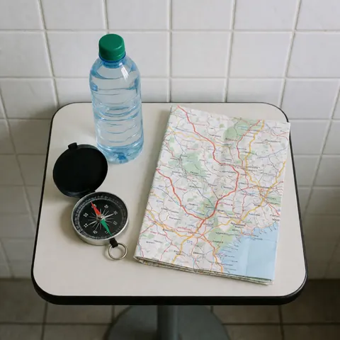 Travel kit with compass, folded map and water bottle on white table with tiled wall