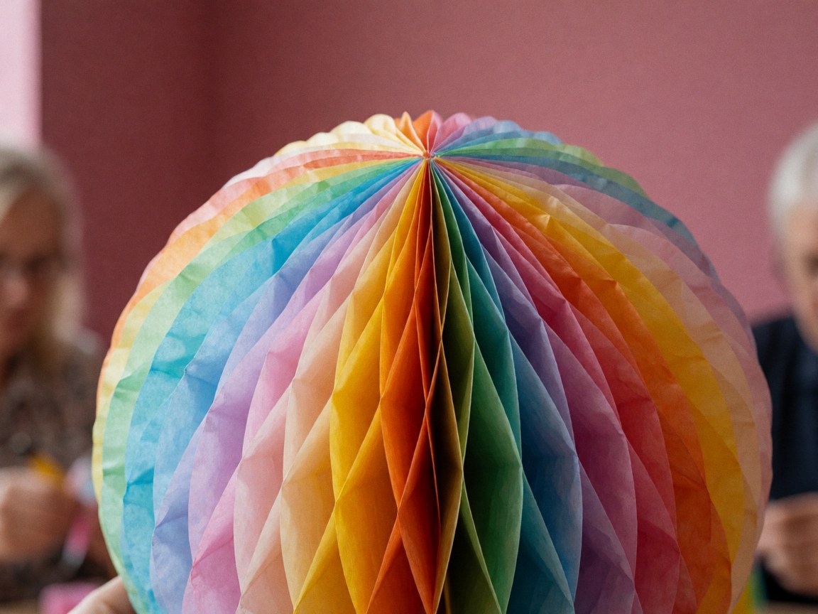 Close-up of a layered paper balloon with vibrant colors and visible texture against a blurred pink wall background.